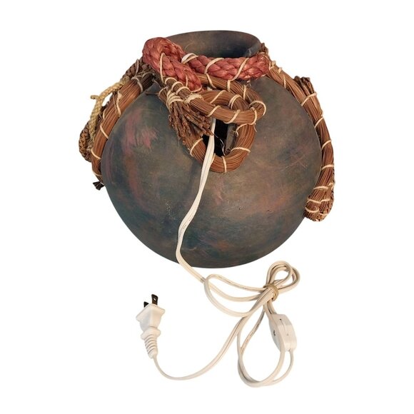 Raku Pottery Luminary Lamp With Pine Needle Natural Accents Signed - Picture 5 of 9